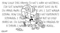 Size: 1200x675 | Tagged: safe, artist:pony-berserker, character:rarity, my little pony:pony life, dropped ice cream, food, how could this happen to me, ice cream, ice cream cone, lyrics, marshmelodrama, monochrome, obscured text, pony-berserker's twitter sketches, rarity being rarity, simple plan, sketch, song reference, text, untitled (song)