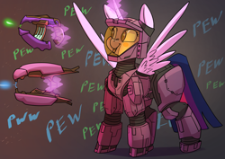 Size: 3508x2480 | Tagged: safe, artist:underpable, character:twilight sparkle, character:twilight sparkle (alicorn), species:alicorn, species:pony, g4, armor, blep, blush sticker, blushing, clothing, cute, female, fire team harmony, glowing horn, gray background, gun, halo (series), horn, laser, levitation, magic, mare, pew pew, simple background, smiling, solo, spread wings, suit, telekinesis, tongue out, twiabetes, weapon, wings