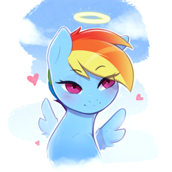 Size: 2000x2000 | Tagged: safe, artist:captainpudgemuffin, character:rainbow dash, species:pegasus, species:pony, a cute angel, alternate hairstyle, angel, blushing, bust, cute, dashabetes, female, halo, high res, portrait, short hair, solo