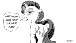 Size: 1200x675 | Tagged: safe, artist:pony-berserker, character:rarity, angry, breaking the fourth wall, butt, looking at you, monochrome, plot, pony-berserker's twitter sketches, rearity, sketch, stippling