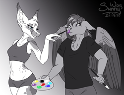 Size: 1302x1000 | Tagged: source needed, useless source url, safe, artist:sunny way, patreon reward, oc, oc:corpsly, oc:monochrome spots, species:anthro, species:sphinx, black and white, female, funny, furry, furry oc, grayscale, male, monochrome, painting, patreon, sphinx oc