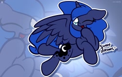 Size: 1920x1211 | Tagged: safe, artist:kimjoman, character:princess luna, species:alicorn, species:pony, cute, female, floppy ears, looking at you, lunabetes, mare, one eye closed, open mouth, smiling, solo, sweet dreams fuel, wink, zoom layer