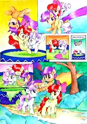 Size: 2290x3258 | Tagged: safe, artist:liaaqila, character:apple bloom, character:scootaloo, character:sweetie belle, species:pegasus, species:pony, comic:fly high scoots, cute, cutealoo, cutie mark crusaders, diving, scootaloo can fly, scootalove, slime, splashing, swimming pool, tree