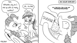 Size: 1200x675 | Tagged: safe, artist:pony-berserker, character:minuette, character:pinkie pie, dentist, dentist chair, dentist's office, food, monochrome, oblivious, pony-berserker's twitter sketches, sugar (food)