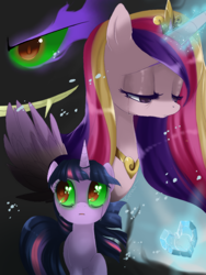 Size: 900x1200 | Tagged: dead source, safe, artist:loyaldis, character:king sombra, character:princess cadance, character:twilight sparkle, bad end, corrupted, crying, crystal heart