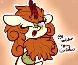 Size: 1920x1604 | Tagged: safe, artist:kimjoman, character:autumn blaze, species:kirin, awwtumn blaze, chest fluff, confident, cute, one eye closed, open mouth, positive message, simple background, wink