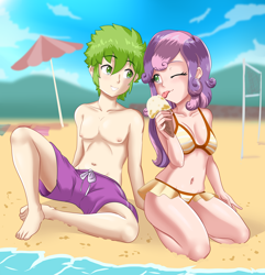 Size: 1854x1920 | Tagged: safe, artist:thebrokencog, character:spike, character:sweetie belle, species:human, ship:spikebelle, anime, beach, belly button, bikini, clothing, commission, feet, female, food, humanized, ice cream, male, male feet, one eye closed, sand, shipping, shorts, straight, swimsuit, water, wink