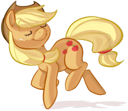 Size: 577x499 | Tagged: safe, artist:php27, character:applejack, species:earth pony, species:pony, cute, eyes closed, female, freckles, hair tie, hairband, happy, jackabetes, mare, ponytail, shadow, simple background, smiling, solo, transparent background, trotting