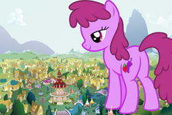 Size: 2400x1600 | Tagged: safe, artist:hellswolfeh, artist:luckreza8, character:berry punch, character:berryshine, species:earth pony, species:pony, attack on pony, bridge, female, giant berryshine/berry punch, giant pony, giant/macro earth pony, giantess, houses, looking down, macro, mare, mega giant, ponyville, ponyville town hall, this well end in rampage, town hall