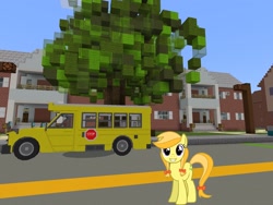 Size: 2048x1536 | Tagged: safe, artist:daringdashie, artist:topsangtheman, character:jonagold, species:earth pony, species:pony, apple family member, house, looking at you, minecraft, school bus, solo