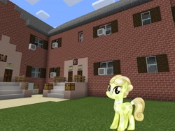 Size: 2048x1536 | Tagged: safe, artist:topsangtheman, artist:vector-brony, species:crystal pony, species:earth pony, species:pony, golden glitter, house, looking at you, minecraft, solo