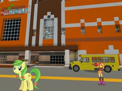 Size: 2048x1536 | Tagged: safe, artist:eugenebrony, artist:topsangtheman, character:apple fritter, character:sunset shimmer, species:earth pony, species:pony, my little pony:equestria girls, apple family member, looking at you, minecraft, school bus, spa castle
