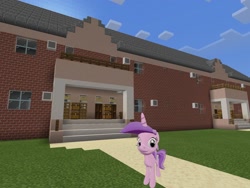 Size: 2048x1536 | Tagged: safe, artist:topsangtheman, character:amethyst star, character:sparkler, species:pony, species:unicorn, 3d, female, house, looking at you, minecraft, solo, source filmmaker
