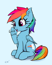 Size: 2233x2788 | Tagged: safe, artist:xbi, character:rainbow dash, species:pegasus, species:pony, behaving like a cat, blue background, chest fluff, cute, dashabetes, ear fluff, female, hoof licking, licking, simple background, sitting, solo