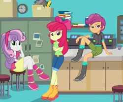 Size: 1280x1062 | Tagged: safe, artist:grapefruitface1, base used, character:apple bloom, character:scootaloo, character:sweetie belle, species:human, species:pegasus, species:pony, my little pony:equestria girls, belt, book, boots, clothing, crossed legs, cutie mark crusaders, hoodie, jeans, looking at you, office, pants, shirt, shoes, skirt