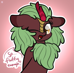 Size: 1920x1891 | Tagged: safe, artist:kimjoman, character:cinder glow, character:summer flare, species:kirin, arm behind back, bronybait, chest fluff, cinderbetes, cute, dialogue, ear fluff, female, floppy ears, fluffy, gradient background, looking at you, one eye closed, open mouth, solo, speech bubble, wink
