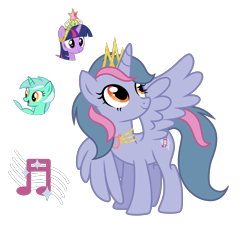 Size: 4594x4311 | Tagged: safe, artist:lazuli, artist:tenderrain46, character:lyra heartstrings, character:twilight sparkle, oc, parent:lyra heartstrings, parent:twilight sparkle, parents:twyra, species:alicorn, species:pony, absurd resolution, alicorn oc, big crown thingy, element of magic, female, horn, jewelry, magical lesbian spawn, mare, offspring, regalia, simple background, transparent background, wings