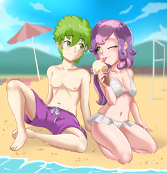 Size: 1854x1920 | Tagged: safe, alternate version, artist:thebrokencog, character:spike, character:sweetie belle, species:human, ship:spikebelle, anime, beach, belly button, bikini, clothing, commission, female, food, human spike, humanized, ice cream, male, one eye closed, partial nudity, sand, shipping, shorts, straight, swimsuit, topless, water, wink