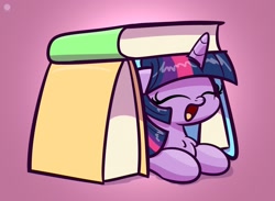 Size: 1920x1407 | Tagged: safe, artist:kimjoman, character:twilight sparkle, species:pony, book, book fort, bookhorse, chest fluff, cute, eyes closed, female, fort, mare, open mouth, prone, purple background, simple background, solo, that pony sure does love books, twiabetes