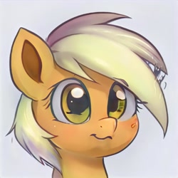 Size: 1024x1024 | Tagged: safe, ai model:thisponydoesnotexist, oc, species:earth pony, species:pony, :s, artificial intelligence, bust, female, filly, neural network, not applejack, simple background, solo, wavy mouth