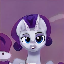 Size: 1024x1024 | Tagged: safe, ai model:thisponydoesnotexist, species:pony, accidentally a canon character, artificial intelligence, bicorn, female, horn, multiple horns, neural network, not rarity, purple mane, smiling, solo, white coat