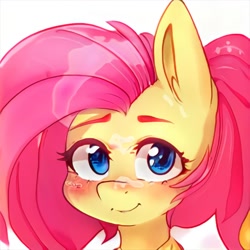 Size: 1024x1024 | Tagged: safe, ai model:thisponydoesnotexist, oc, species:earth pony, species:pony, artificial intelligence, blue eyes, blushing, bust, looking at you, neural network, not fluttershy, pink mane, portrait, simple background, solo, yellow coat