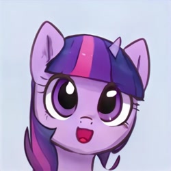 Size: 1024x1024 | Tagged: safe, ai model:thisponydoesnotexist, species:pony, species:unicorn, accidentally a canon character, artificial intelligence, female, looking at you, neural network, not twilight sparkle, purple coat, purple eyes, purple mane, smiling, solo