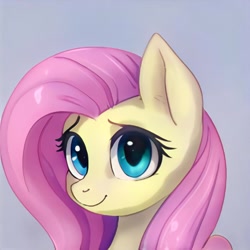 Size: 1024x1024 | Tagged: safe, ai model:thisponydoesnotexist, species:pony, accidentally a canon character, artificial intelligence, blue eyes, bust, cute, female, looking at you, neural network, not fluttershy, pink mane, simple background, smiling, solo
