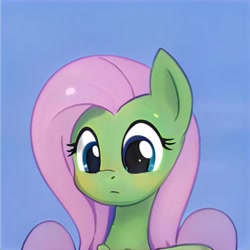 Size: 1024x1024 | Tagged: safe, ai model:thisponydoesnotexist, species:pony, artificial intelligence, bust, female, green coat, mare, neural network, not fluttershy, portrait, simple background, solo, wat