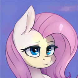 Size: 1024x1024 | Tagged: safe, ai model:thisponydoesnotexist, species:pony, accidentally a canon character, artificial intelligence, blue eyes, female, neural network, not fluttershy, pink mane, simple background, solo