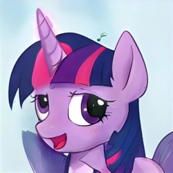 Size: 1024x1024 | Tagged: safe, ai model:thisponydoesnotexist, species:pony, accidentally a canon character, artificial intelligence, derp, error, female, glitch, head shot, neural network, not twilight sparkle, solo