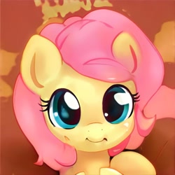 Size: 1024x1024 | Tagged: safe, ai model:thisponydoesnotexist, species:pegasus, species:pony, artificial intelligence, blue eyes, cute, female, filly, looking at you, neural network, not fluttershy, pink mane, smiling, solo, yellow coat