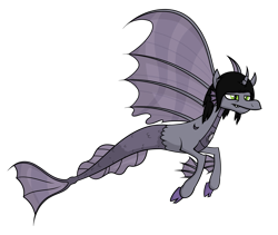 Size: 2257x1903 | Tagged: safe, artist:moonatik, species:siren, cloven hooves, commission, curved horn, fangs, fins, fish tail, flying, frown, horn, kellin quinn, male, ponified, scales, simple background, sleeping with sirens, slit eyes, solo, tired, transparent background