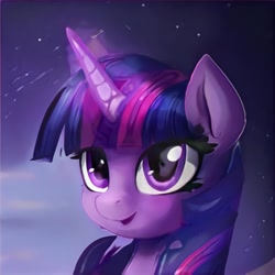 Size: 1024x1024 | Tagged: safe, ai model:thisponydoesnotexist, species:pony, accidentally a canon character, artificial intelligence, cloud, female, glowing horn, horn, mane, mare, neural network, not twilight sparkle, purple mane, smiling, sparkles, stars