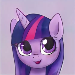 Size: 1024x1024 | Tagged: safe, ai model:thisponydoesnotexist, species:pony, accidentally a canon character, alternate hairstyle, artificial intelligence, bust, cute, female, mare, neural network, not twilight sparkle, purple coat, purple eyes, purple mane, smiling