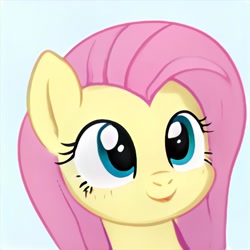 Size: 1024x1024 | Tagged: safe, ai model:thisponydoesnotexist, species:pegasus, species:pony, accidentally a canon character, blue eyes, bust, cute, female, neural network, not fluttershy, pink mane, simple background, smiling, yellow coat