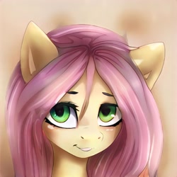 Size: 1024x1024 | Tagged: safe, ai model:thisponydoesnotexist, species:pony, alternate hairstyle, artificial intelligence, bust, cute, female, green eyes, looking at you, neural network, not fluttershy, pink mane, portrait, simple background, smiling, solo