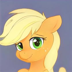 Size: 1024x1024 | Tagged: safe, ai model:thisponydoesnotexist, species:pony, accidentally a canon character, female, green eyes, neural network, not applejack, orange coat, simple background, smiling, solo, yellow mane