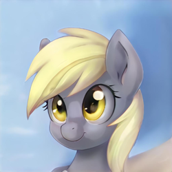 Size: 1024x1024 | Tagged: safe, ai model:thisponydoesnotexist, species:pony, accidentally a canon character, artificial intelligence, blue background, bust, cute, female, looking at you, neural network, not derpy, portrait, simple background, sky background, smiling, solo