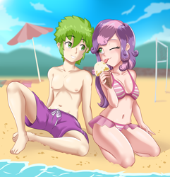 Size: 1854x1920 | Tagged: safe, alternate version, artist:thebrokencog, character:spike, character:sweetie belle, species:human, ship:spikebelle, beach, bikini, clothing, commission, cute, female, food, humanized, ice cream, male, sand, shipping, shorts, straight, swimsuit, virgo, water