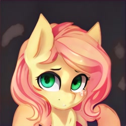 Size: 1024x1024 | Tagged: safe, ai model:thisponydoesnotexist, species:pony, crying, cute, female, green eyes, mare, neural network, not fluttershy, simple background, solo, yellow coat