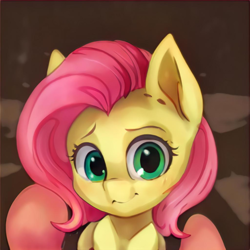 Size: 1024x1024 | Tagged: safe, ai model:thisponydoesnotexist, species:pony, accidentally a canon character, artificial intelligence, blue eyes, bust, female, green eyes, incoming hug, looking at you, neural network, not fluttershy, pink mane, portrait, simple background, solo, yellow coat