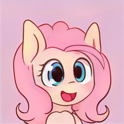 Size: 1024x1024 | Tagged: safe, ai model:thisponydoesnotexist, edit, species:pony, accidentally a canon character, artificial intelligence, blue eyes, bust, female, happy, looking at you, neural network, not fluttershy, pink mane, portrait, smiling, solo