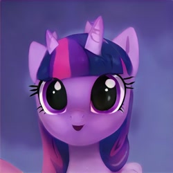 Size: 1024x1024 | Tagged: safe, ai model:thisponydoesnotexist, species:pony, accidentally a canon character, bicorn, horn, multiple horns, neural network, not twilight sparkle, purple coat, purple eyes, purple mane, simple background