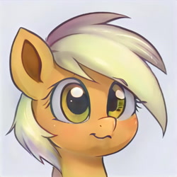 Size: 1024x1024 | Tagged: safe, ai model:thisponydoesnotexist, edit, editor:diego96, oc, species:earth pony, species:pony, :s, artificial intelligence, female, filly, neural network, not applejack, simple background, solo, wavy mouth