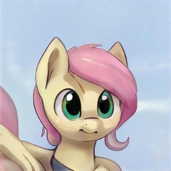 Size: 1024x1024 | Tagged: safe, ai model:thisponydoesnotexist, species:pony, female, filly, neural network, pink mane, simple background, sky background, solo, yellow coat, younger