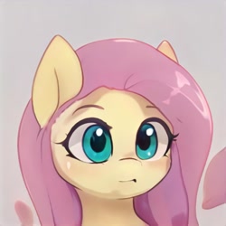 Size: 1024x1024 | Tagged: safe, ai model:thisponydoesnotexist, species:pony, :i, accidentally a canon character, blue eyes, female, mare, neural network, not fluttershy, pink mane, simple background, solo, yellow coat