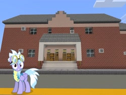 Size: 2048x1536 | Tagged: safe, artist:tomfraggle, artist:topsangtheman, character:cloudchaser, species:pegasus, species:pony, clothing, female, goggles, house, looking at you, minecraft, solo, uniform, wonderbolt trainee uniform