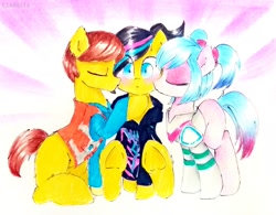 Size: 2978x2322 | Tagged: safe, artist:liaaqila, species:earth pony, species:pony, armor, bisexual, blank flank, clothing, commission, crossover, cute, emmet brickowski, eyes closed, eyeshadow, female, hoodie, kiss on the cheek, kiss sandwich, kissing, lego, lesbian, makeup, male, non-mlp shipping, pen, ponified, raised hoof, shipping, shirt, sitting, space suit, straight, surprised, sweet mayhem, the lego movie, the lego movie 2: the second part, traditional art, underhoof, vest, wyldstyle