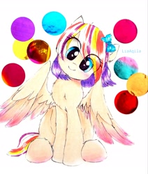 Size: 2281x2692 | Tagged: safe, artist:liaaqila, oc, oc only, oc:qilala, species:pegasus, species:pony, bow, confetti, cute, head tilt, looking at you, ocbetes, pegasus oc, simple background, sitting, smiling, solo, spread wings, traditional art, white background, wings